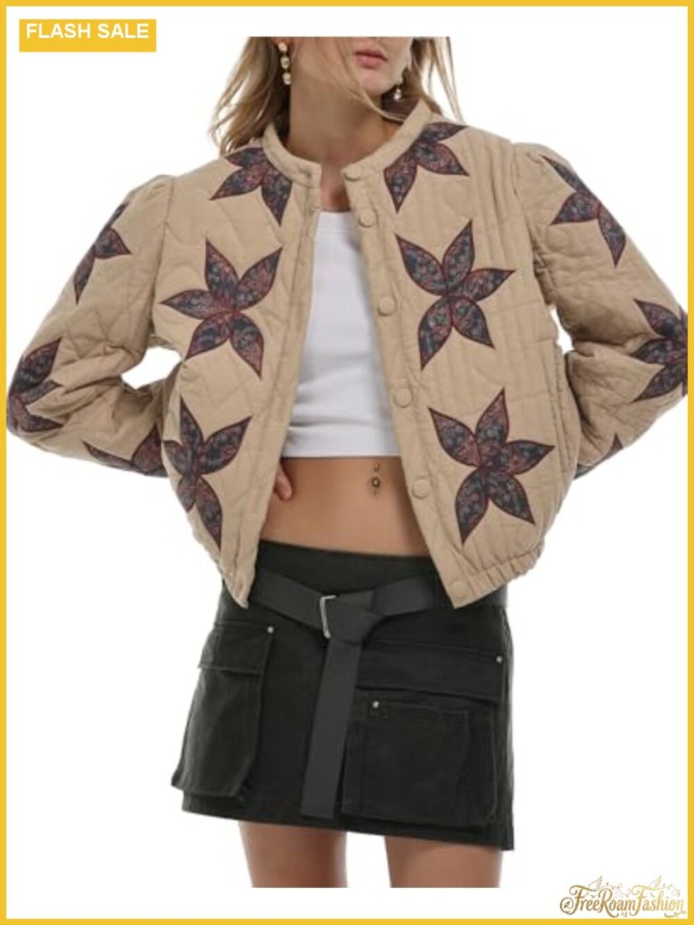 Floral Embroidered Quilted Jacket Lightweight Winter Coat Button Front